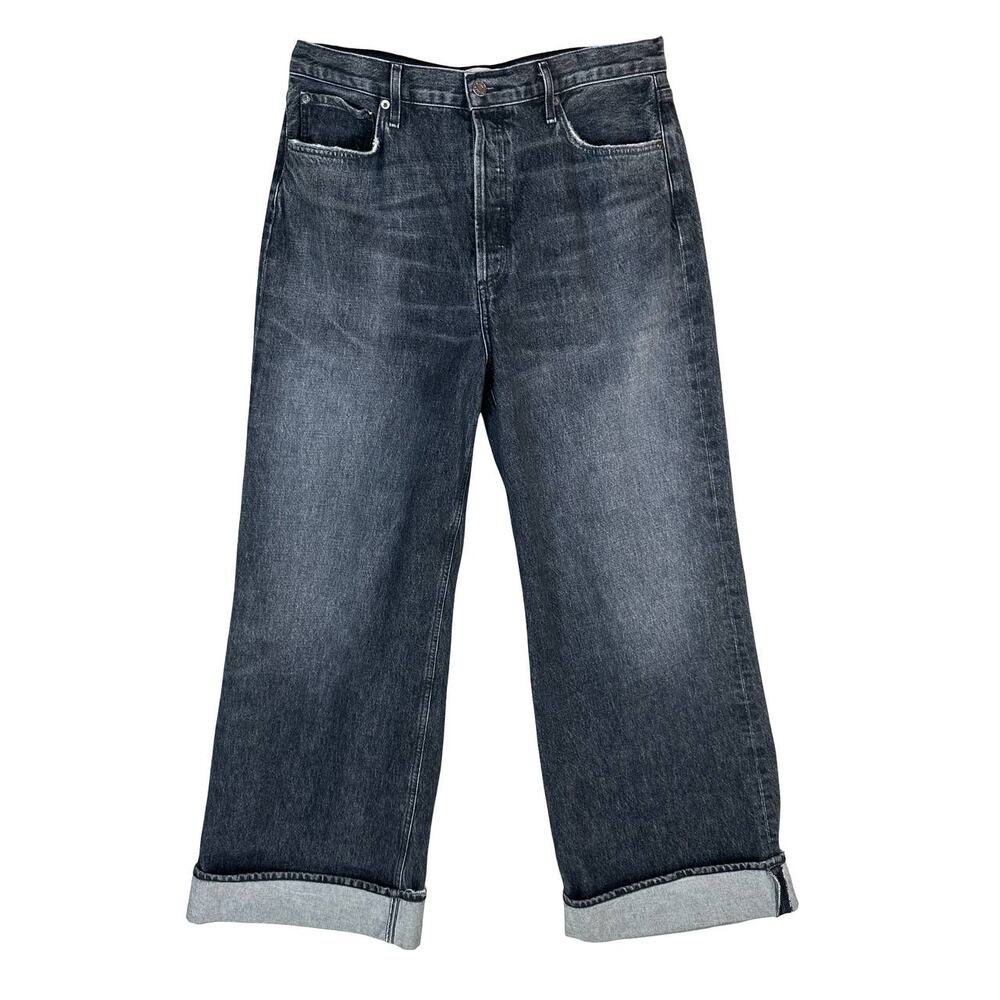 AGOLDE Dame Jean High Rise Wide Leg Size 32 Ditch Black Cuffed Jeans - Picture 2 of 12